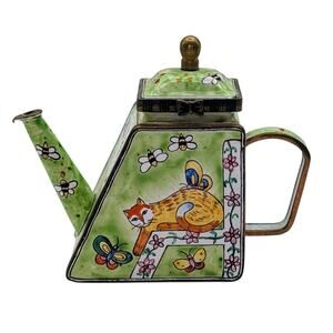 Kelvin Chen Vintage Kitty Catching Butterflies Green Enamel Collectible Teapot